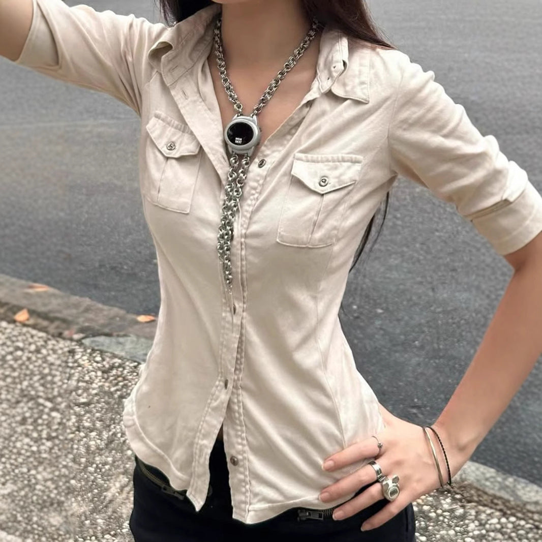 Love cloth forget imperial sister wind lapel collar tooling pocket simple long-sleeved shirt design waist line slim-fitting knitted top