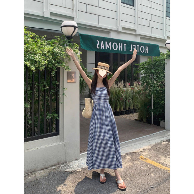 French dopamine high sense and thin Sanya vacation beach skirt temperament waist plaid suspender seaside dress