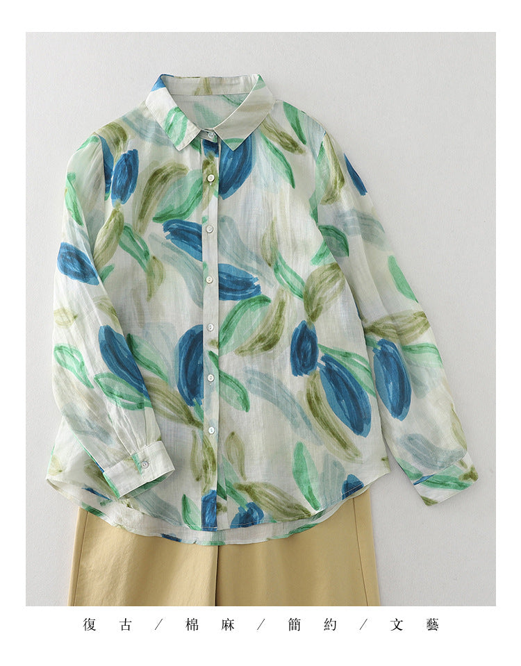 Real shot 2025 spring thin blue-green ink splashing printing French fresh shirt top women #1080