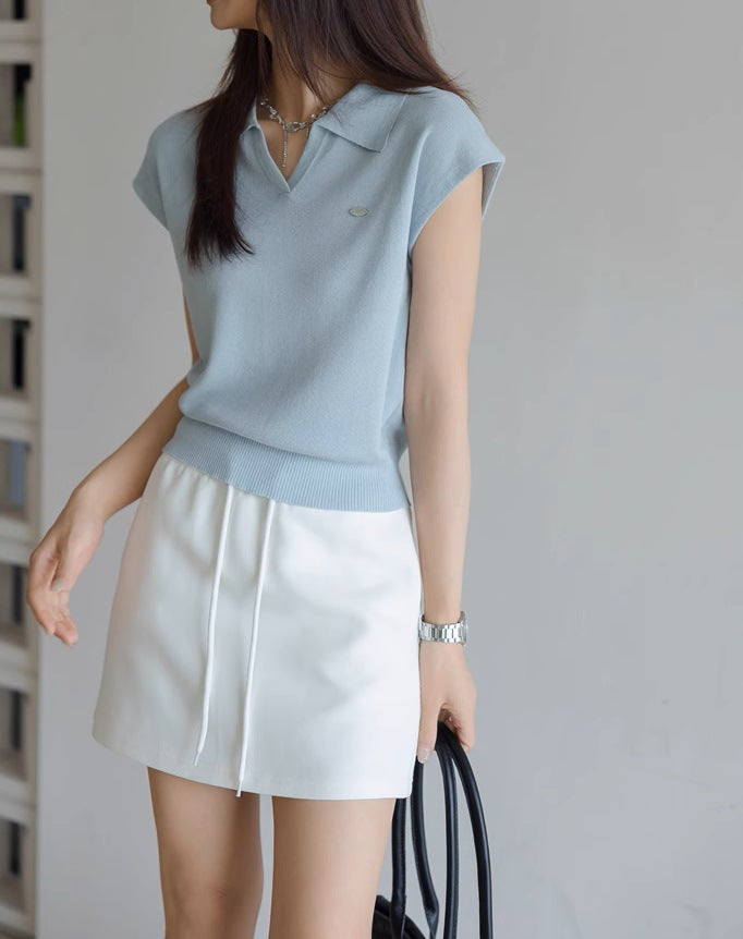 White linen tencel lapel knitted short-sleeved women's commuter new summer temperament short polo shirt and top