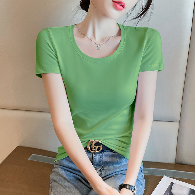 Lotus root pink short-sleeved t-shirt women's pure cotton summer beautiful small top summer chic Korean wear versatile t-shirt