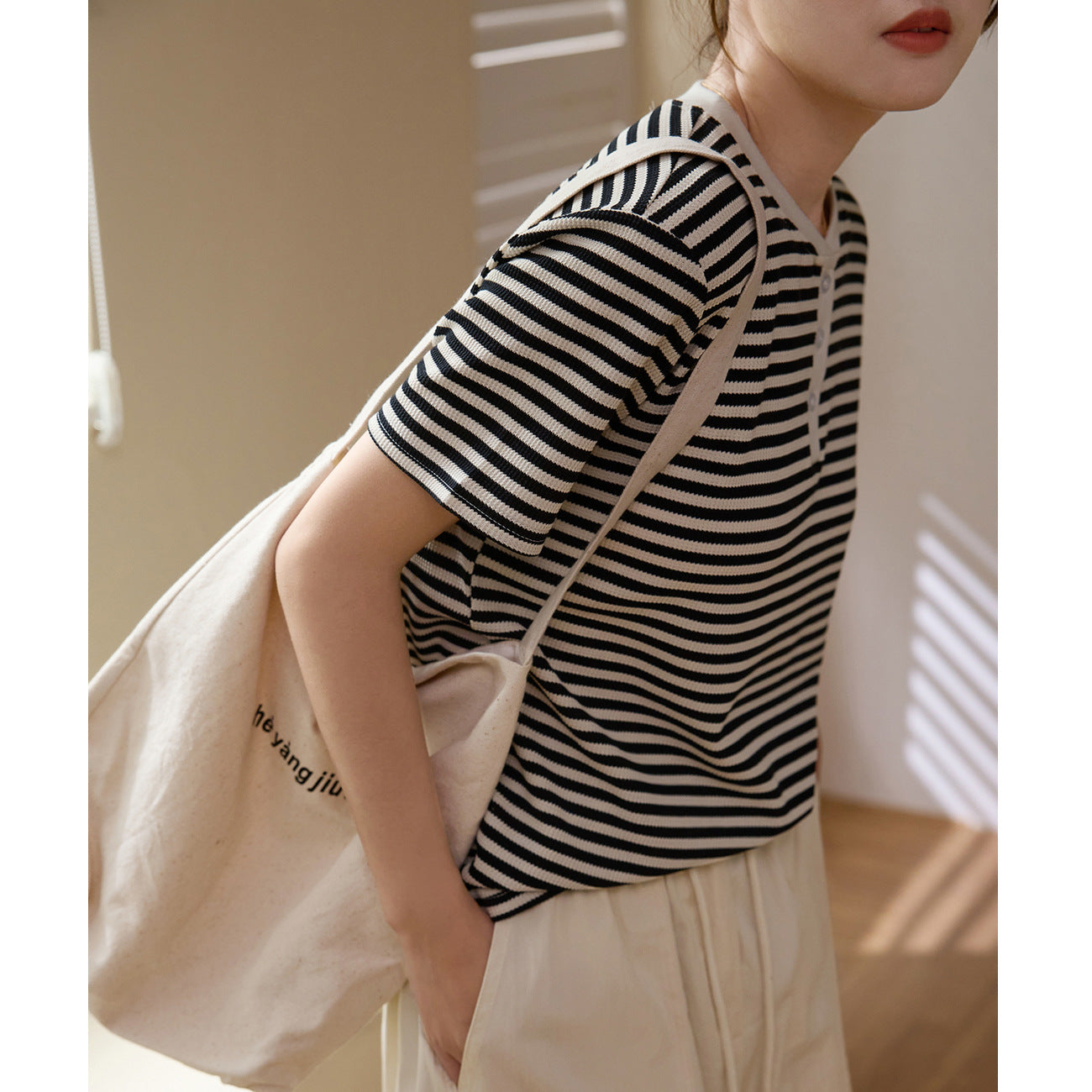 [High quality] Striped T-shirt women's summer wear 2026 new loose straight button pure cotton short-sleeved body shirt