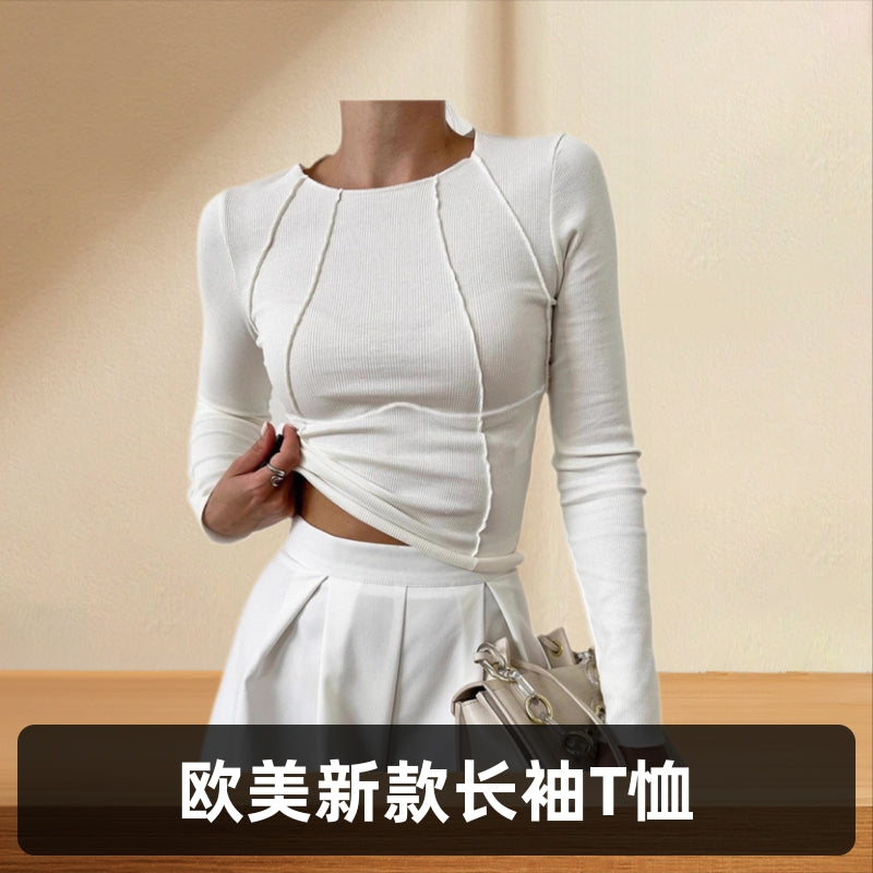 2025Shein European and American new spring and autumn cross-border foreign trade sweet and spicy solid color split chest long-sleeved crew neck T-shirt short