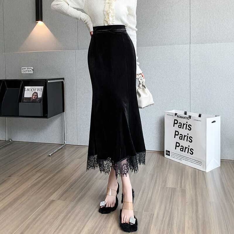 Golden velvet skirt women's 2024 autumn new Korean version of the pendant feeling hip skirt high waist and thin lace fishtail skirt