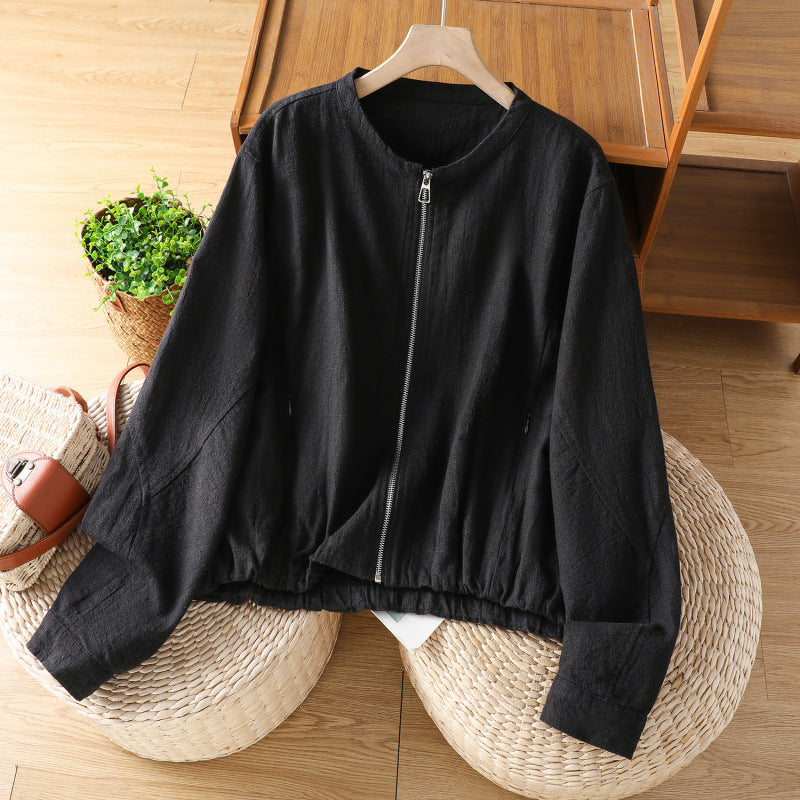 Real shot 2025 autumn new cotton and linen double-layer short coat women's zipper cardigan with loose top jacket