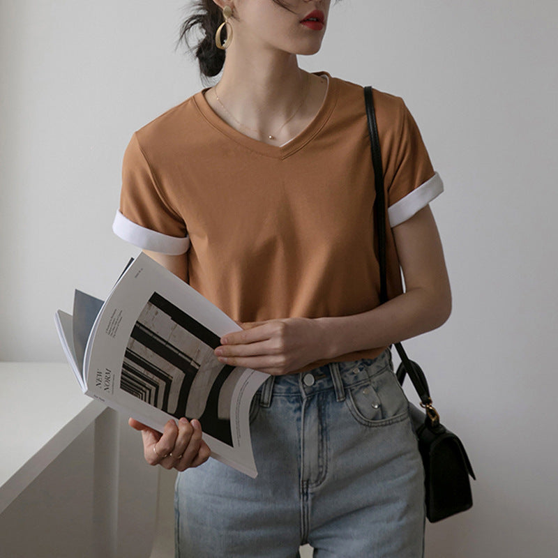 230G Combed Cotton V-Neck T-Shirt Short Sleeve Women's Summer 2026 Loose and Skinny Versatile Straight Bottom Versatile Top