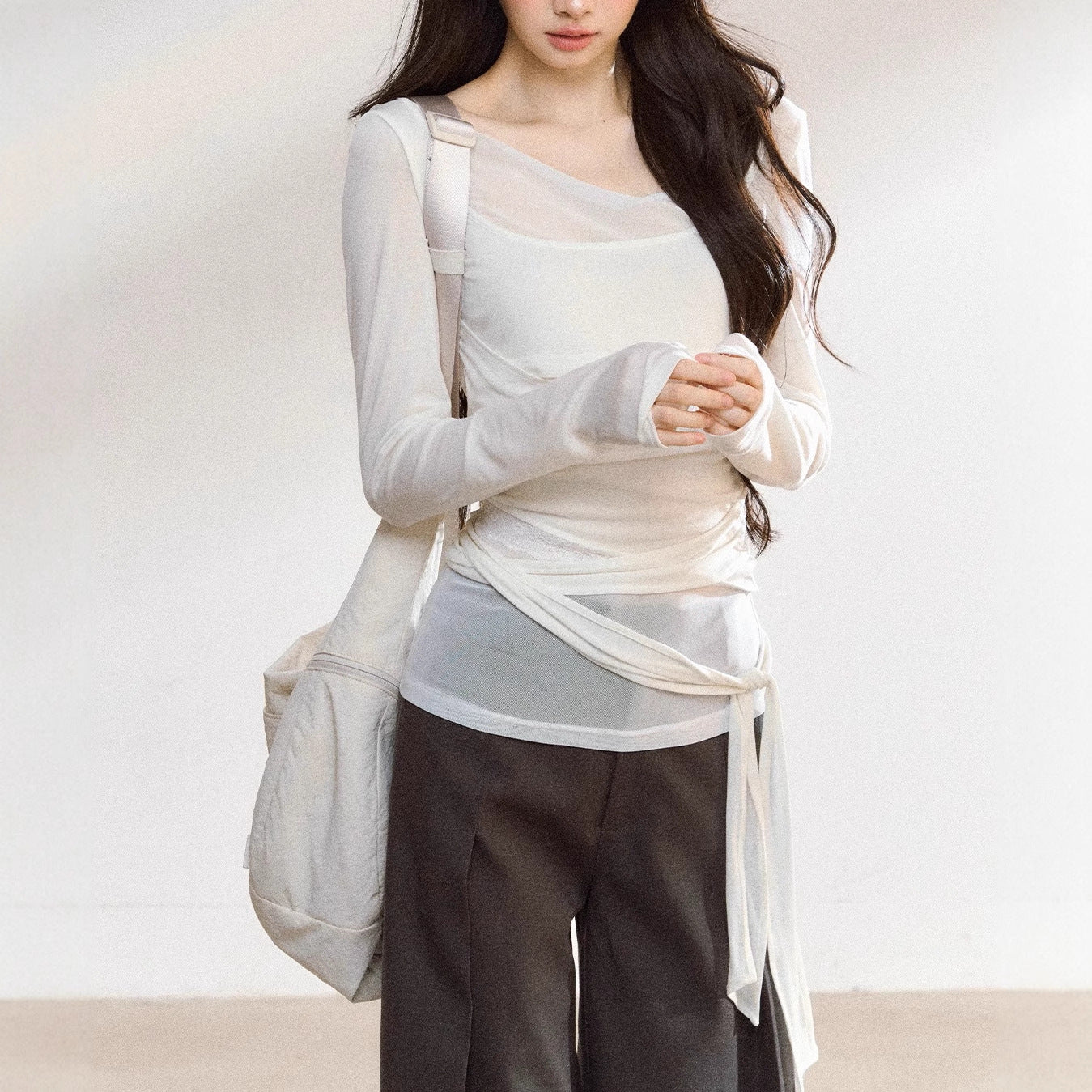 7Shiftii original design autumn new irregular long-sleeved sunscreen blouse women's loose and thin T-shirt top