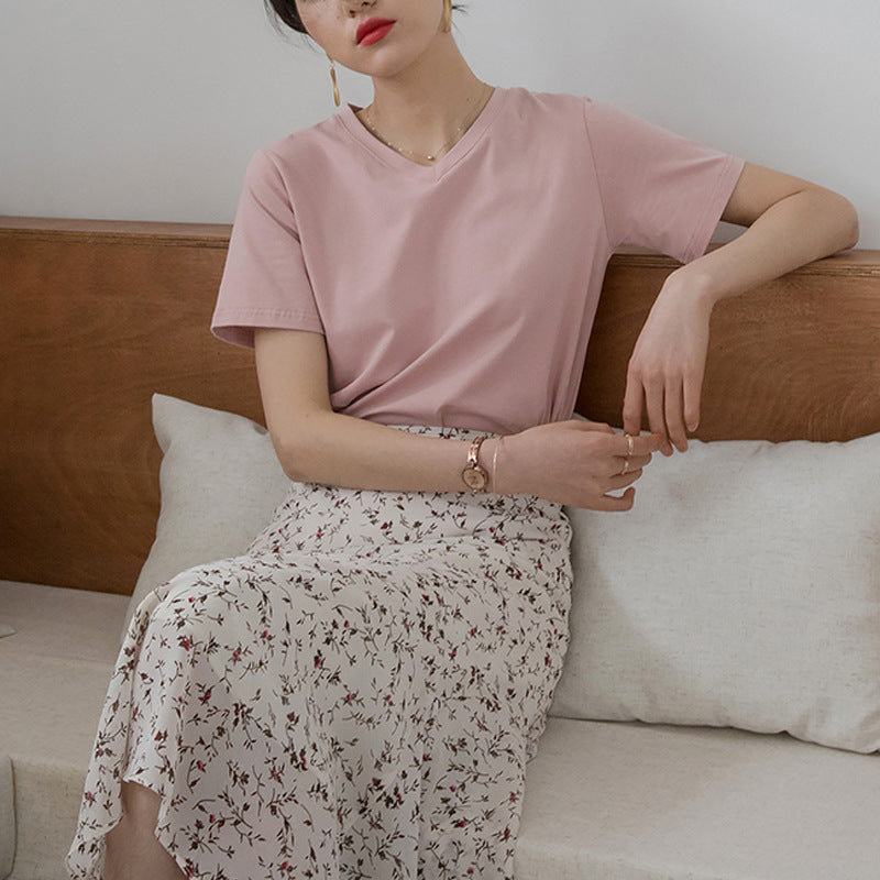 230G combed cotton V-neck short-sleeved T-shirt women's loose versatile and thin Korean version 2026 summer new bottoming shirt top