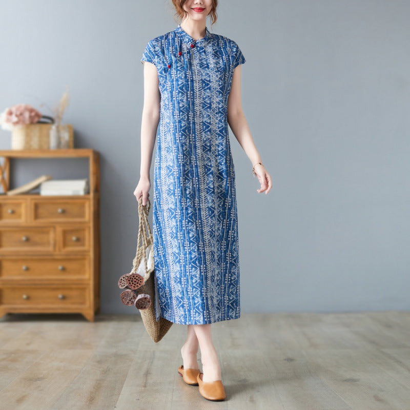 Real shot 2023 summer new retro disc buckle Chinese style improved cheongsam batik tea clothes short sleeve dress women