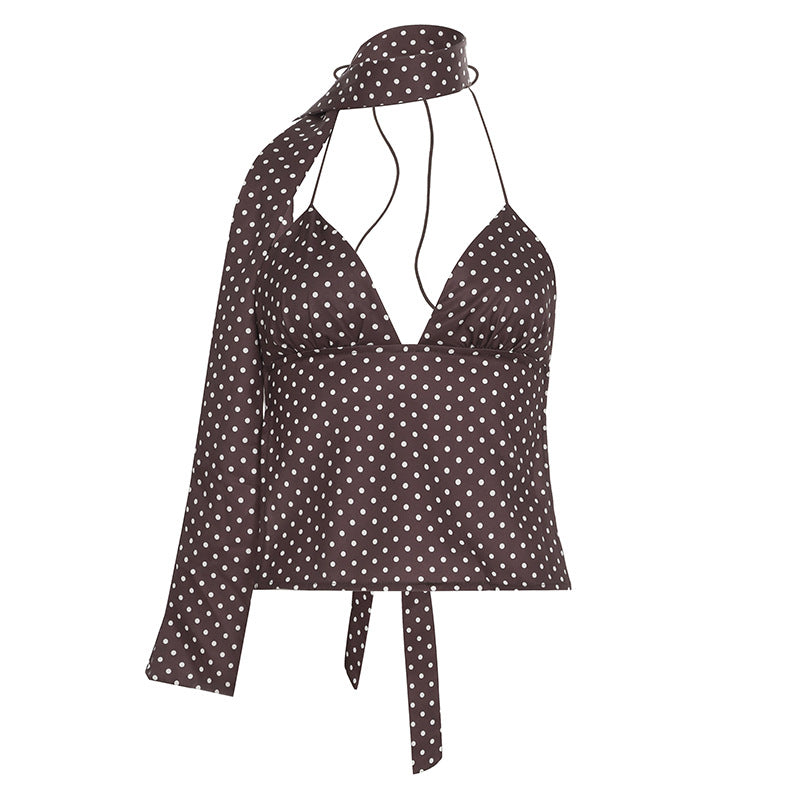 Spice girl sexy leopard print scarf ruffle edge sling vest vacation style low cut backless versatile top