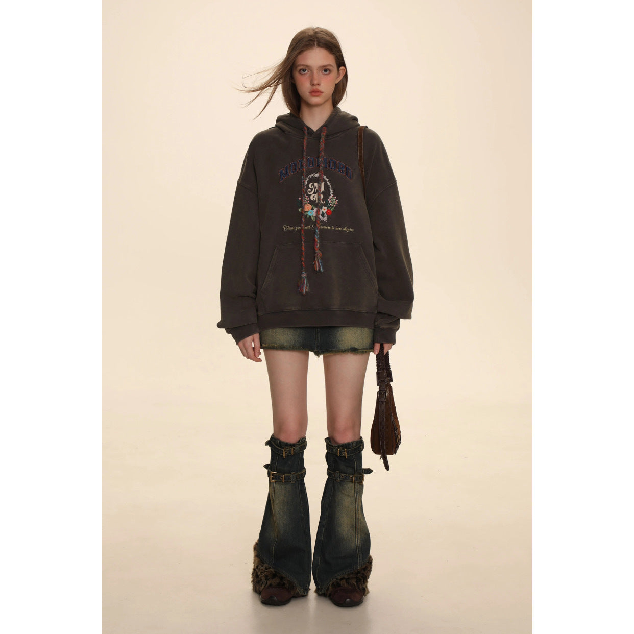 Moromoro American vintage college style three-dimensional flower badge embroidered fried powder wool rope pullover hooded sweater women