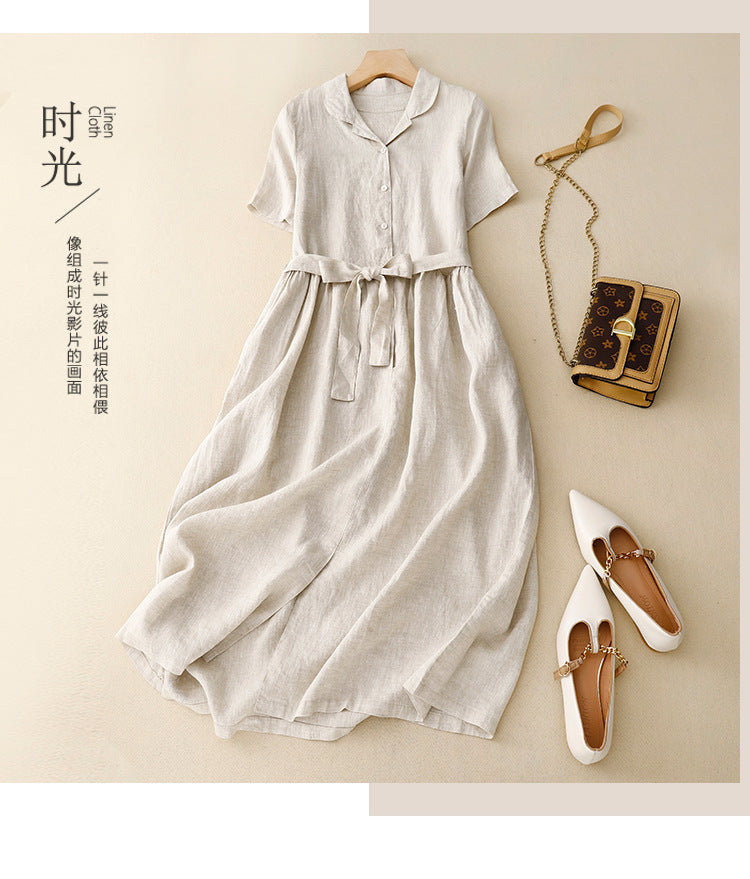 Real shot 2025 summer new literary loose solid color short-sleeved dress women's waist medium and long #8800