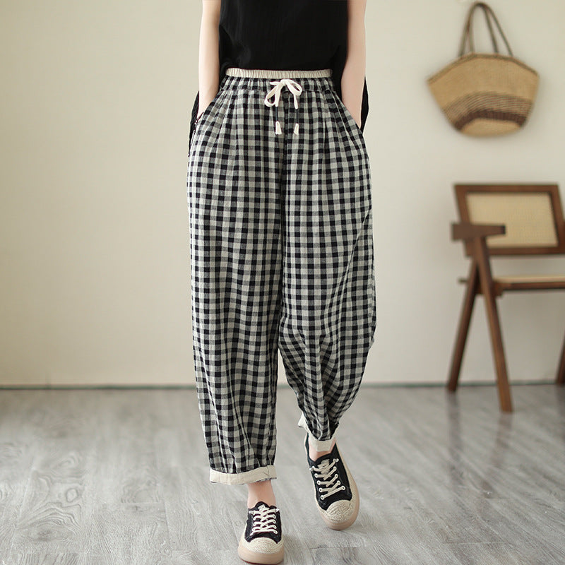 Real shot 2025 summer new literary loose cotton and linen plaid elastic waist bloomers nine-point pants women #6330