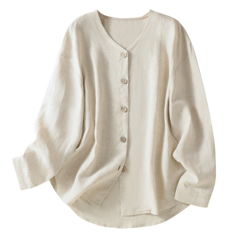 Real shot 2025 spring new literary loose solid color V-neck long-sleeved shirt women's shirt top #5859