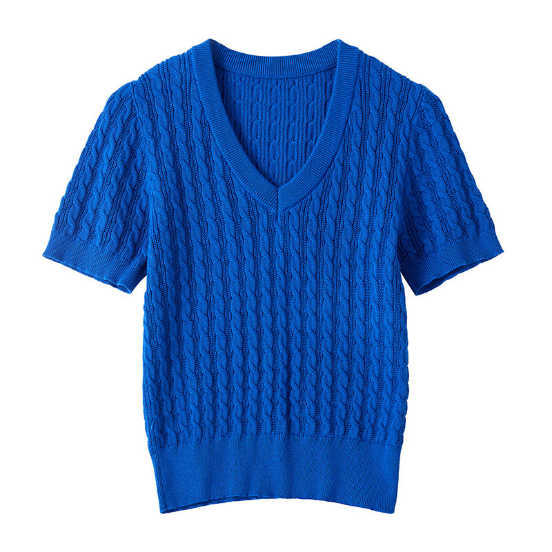 100% cotton and linen knitted sweater V-neck women's summer 2026 new Korean simple loose versatile and thin short-sleeved top
