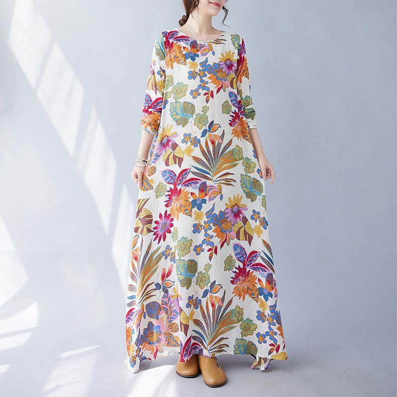 Real shot 2024 autumn new literary large size loose printing round neck long sleeve dress women's long dress 9663 #