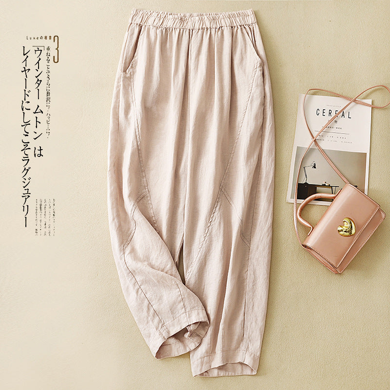Real shot 2025 summer new cotton and linen large size elastic waist solid color loose and thin nine-point Harlan pants women