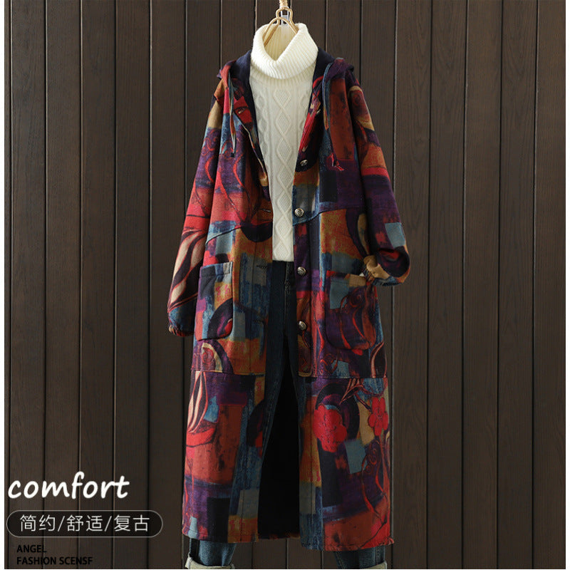 Mom's cotton-padded clothes are piled and thickened. In the autumn and winter of 2025, the new long loose belly-covering printed hooded cotton jacket.