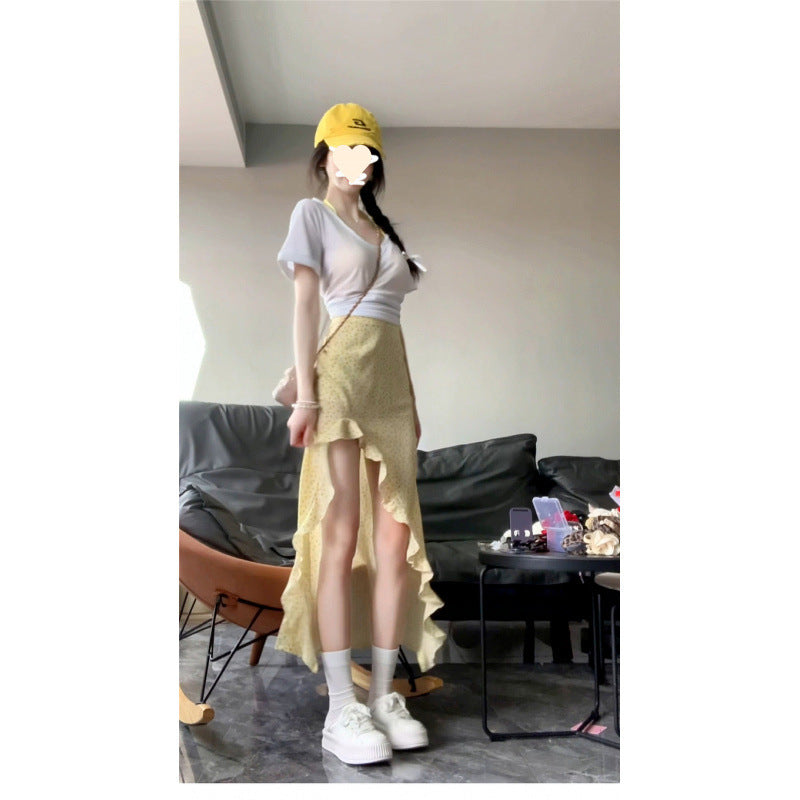 Yellow floral skirt children's summer 2025 new popular irregular temperament long skirt small seaside vacation