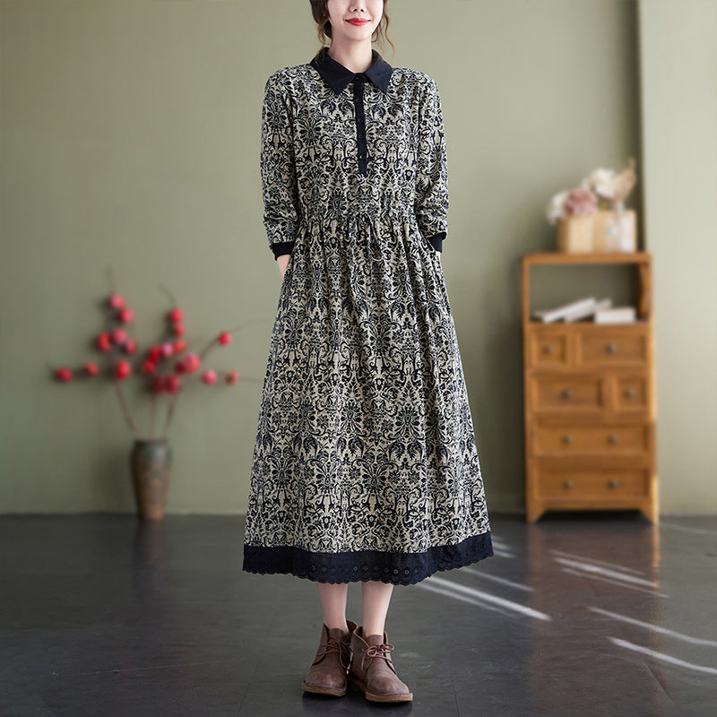 Real shot 2025 spring new literary and loose printing cotton and linen lapel long-sleeved dress women's medium and long style #969