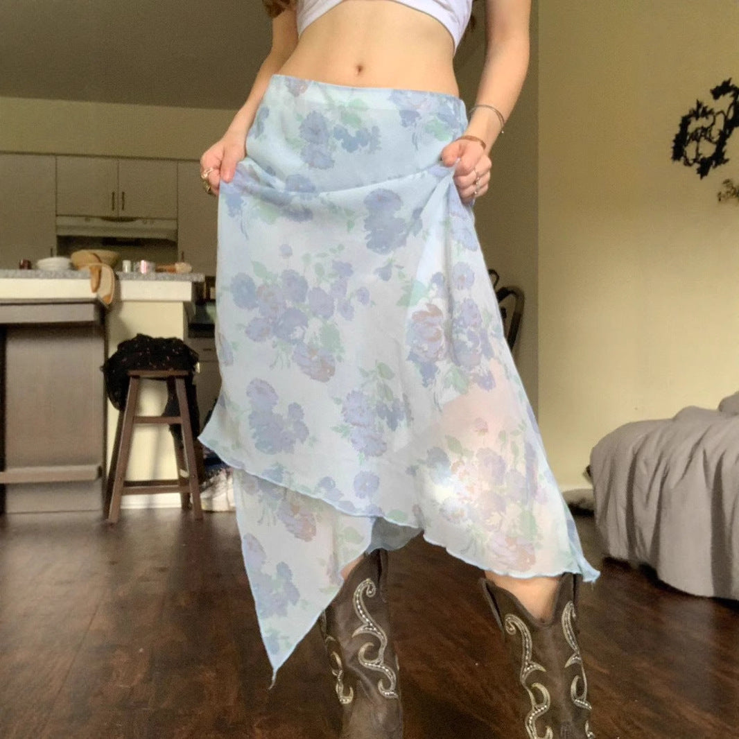 Love cloth forget to be careful, Spice Girl wind floral ruffle edge irregular long skirt, holiday wind light mesh skirt