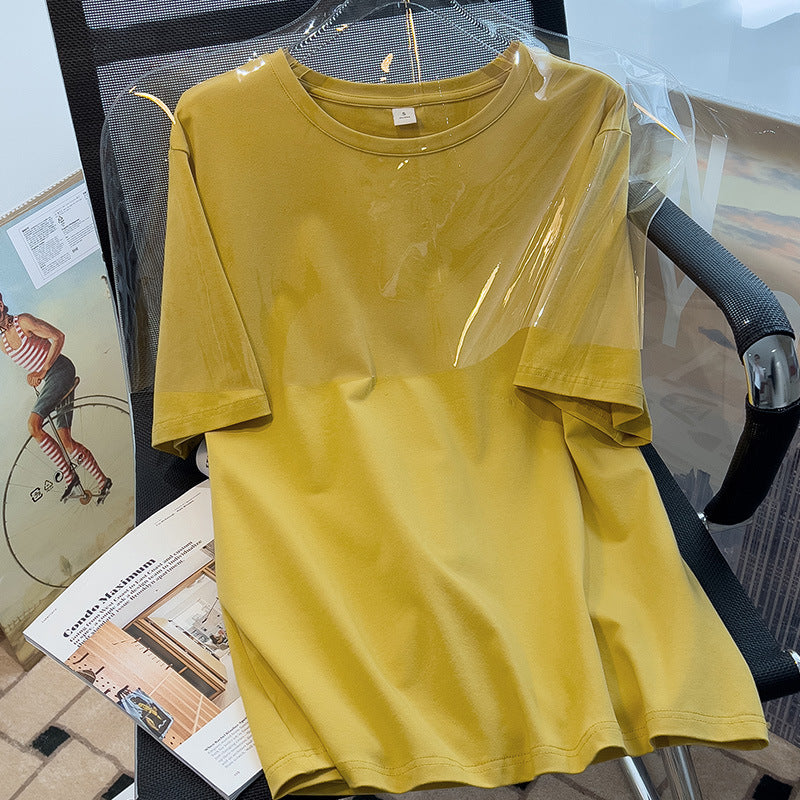 Pure cotton medium and long loose short-sleeved t-shirt women's fat mm avocado green top age-reducing summer half-sleeved summer commuting