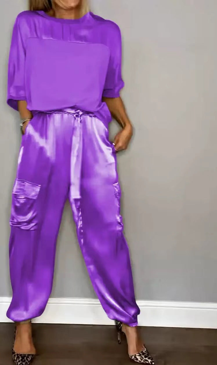 Amazon, Europe, America, Spring and Autumn Fashion Women's Solid Color Smooth Satin Five-Sleeve Top Two-piece Set Feminine Elegance