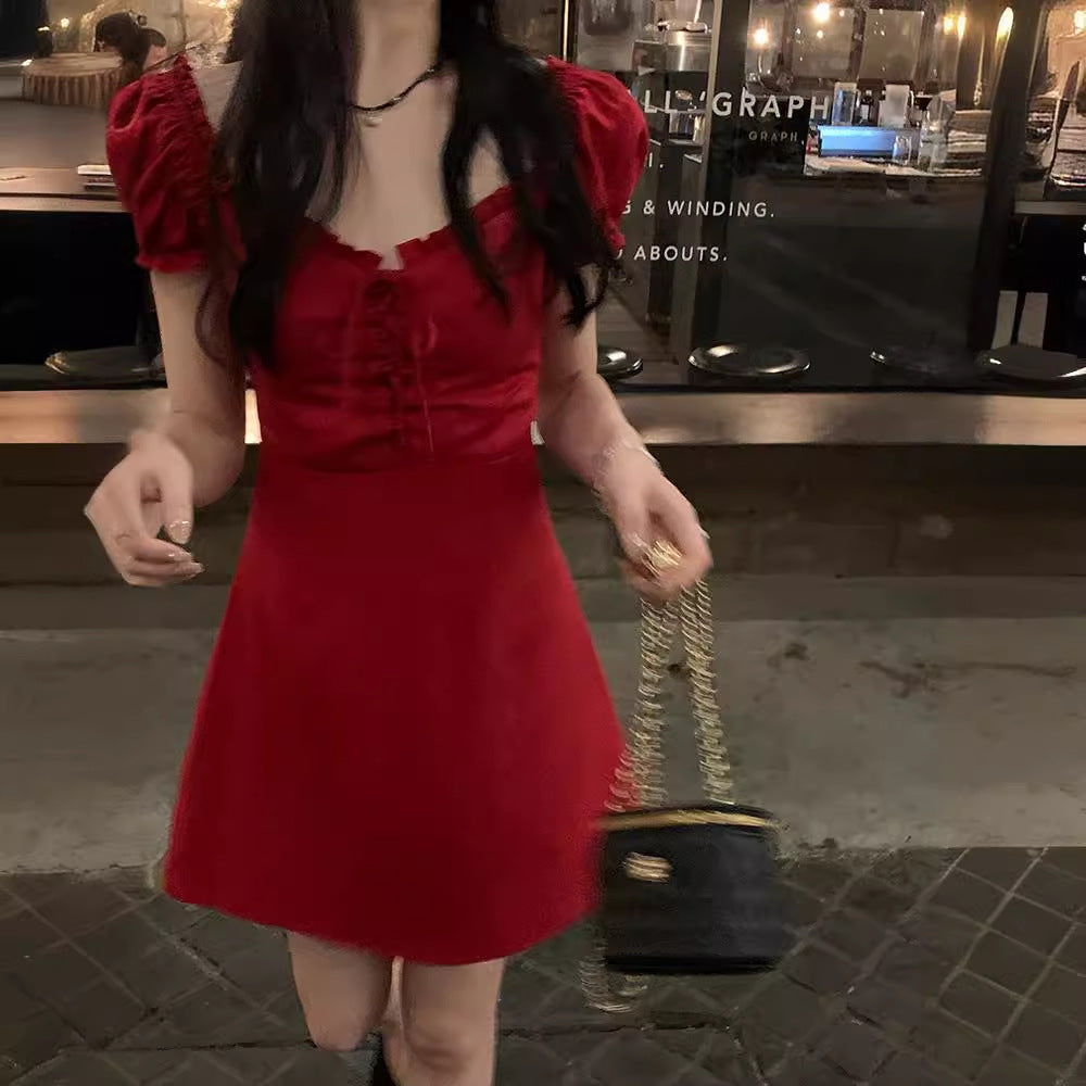 White and red square neck puff sleeve dress women's summer platycodon French design sense waist slimming A-line skirt