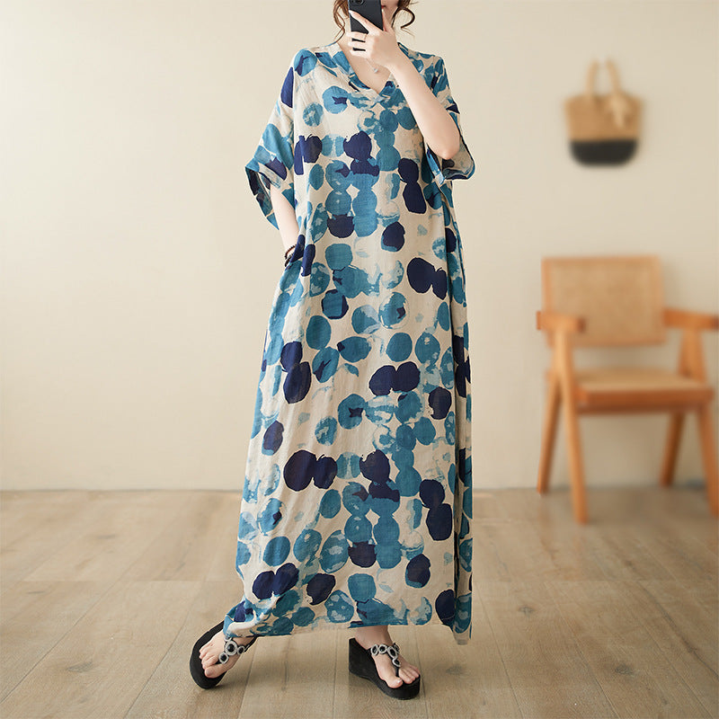 Real shot 2024 spring and summer V-neck thin cotton and linen large size loose literary holiday wind beach skirt retro long robe