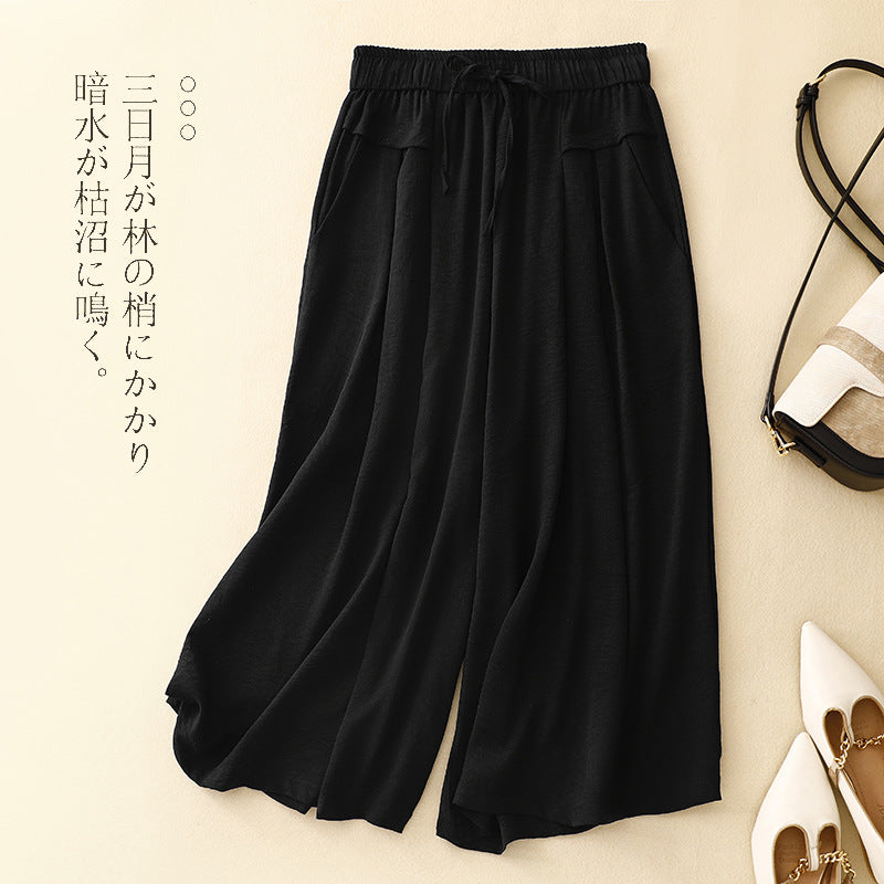 Real shot 2025 summer thin wide-leg pants cotton and linen loose high waist drape casual seven-point culottes women 2299 #