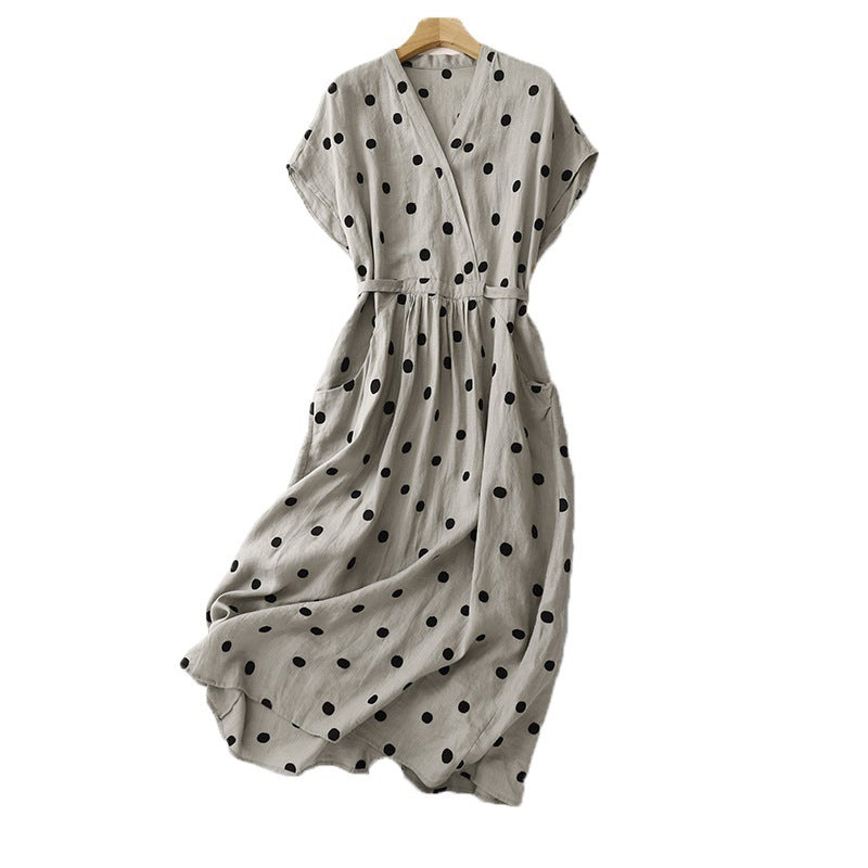 Real shot 2025 summer new cotton and linen literary and retro loose V-neck short-sleeved dress women's medium and long #9552