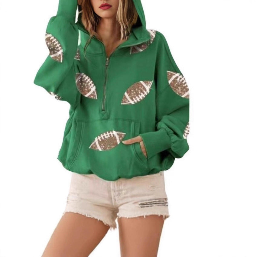 2025 Amazon Independent Station sequined splicing hooded sweater European and American women's clothing zipper drawstring long-sleeved top spot