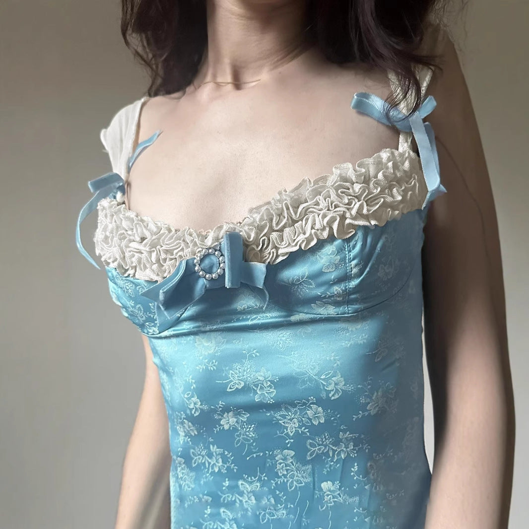 Girls age-reducing lace bow splicing sling vest plant-printed blue square neck slim-fit knitted sweater top