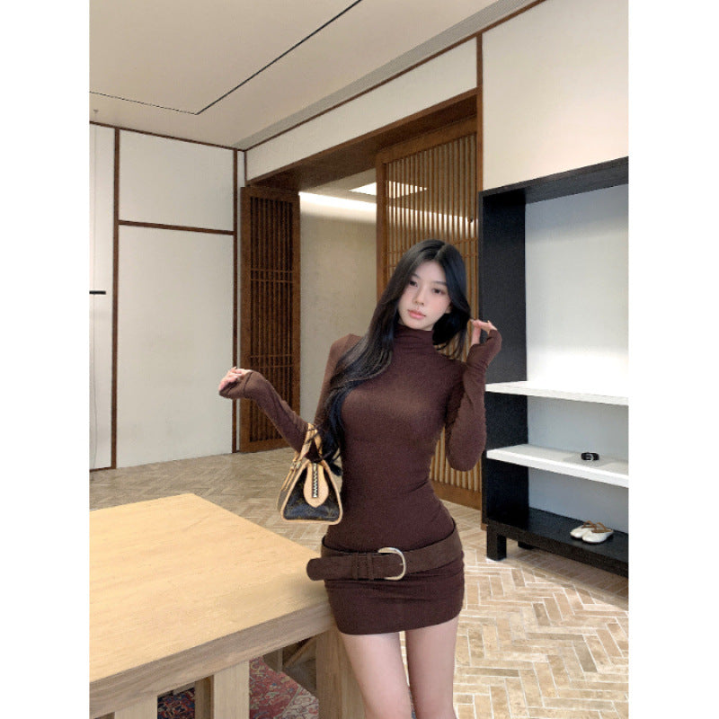 Red semi-turtleneck long-sleeved dress women's autumn and winter inner bottom skirt elastic slim waist skirt hip-wrapped short skirt