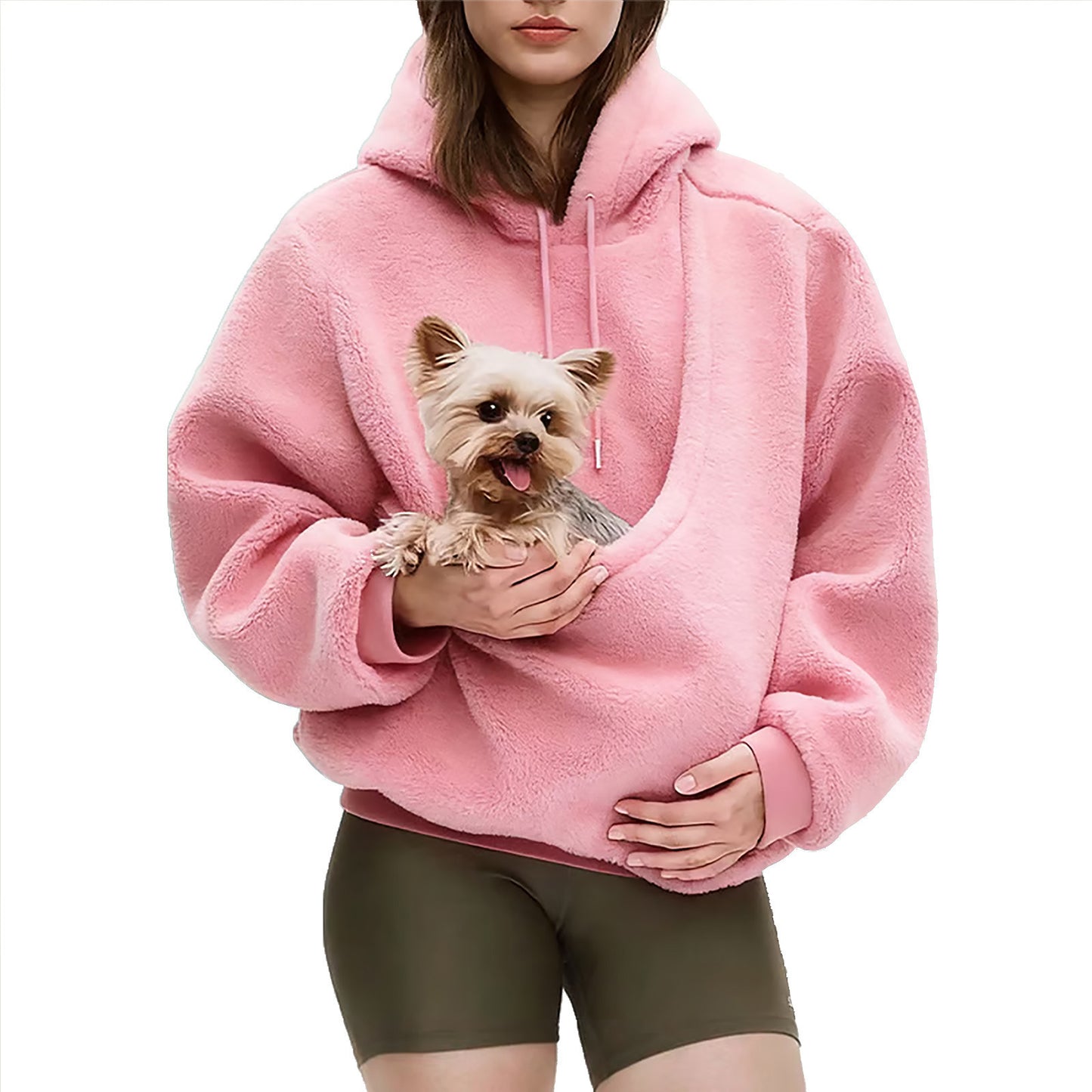 2025 Amazon new model, European, American autumn and winter cross-border solid color hooded plush pet pocket loose pullover sweater women