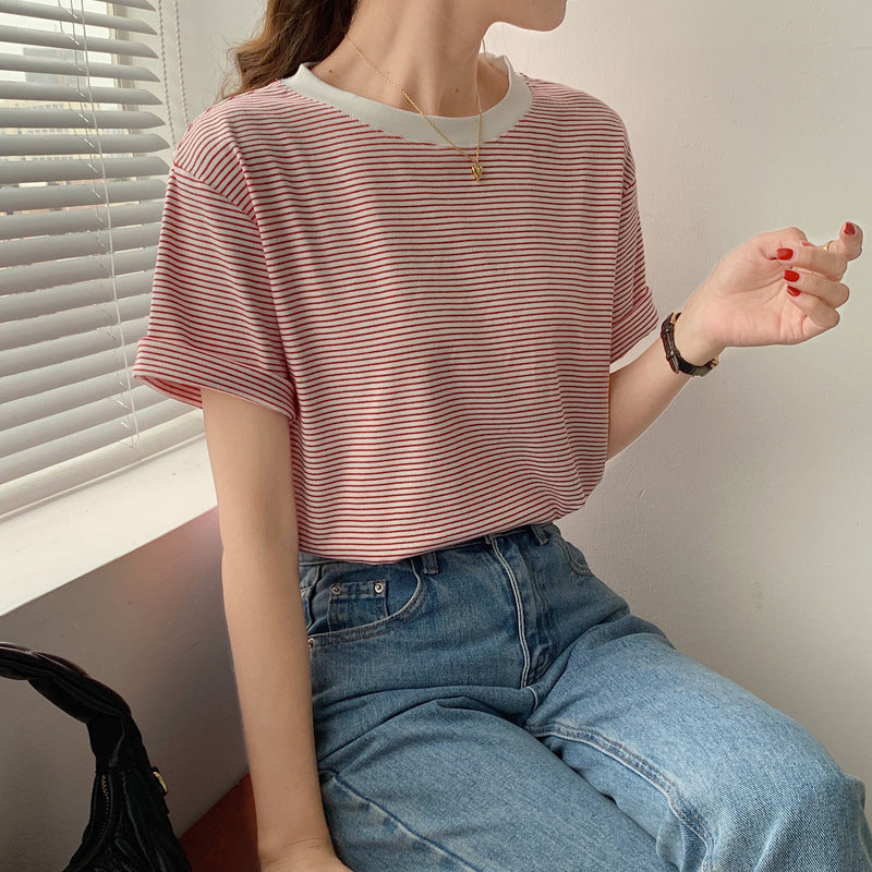 bag collar sticker, high-quality pure cotton striped T-shirt women's 2026 summer new loose and thin versatile short-sleeved T-shirt top