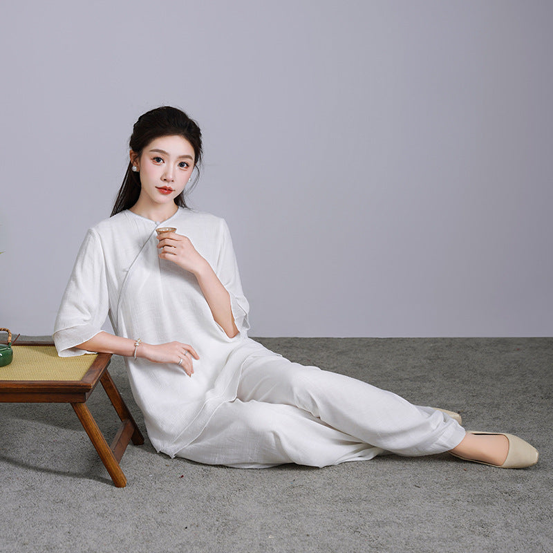 2025 Women's Yoga Clothing Set Ethnic Style Improved Chinese Top Women's Zen Clothing Cotton and Linen Chinese Style Class Clothing Tea