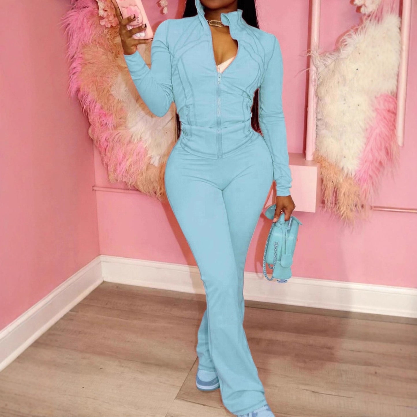 2025 Amazon, Europe, America, spring and summer cross-border sports and leisure women's clothing, sexy tight-fitting long-sleeved micro-speaker two-piece set