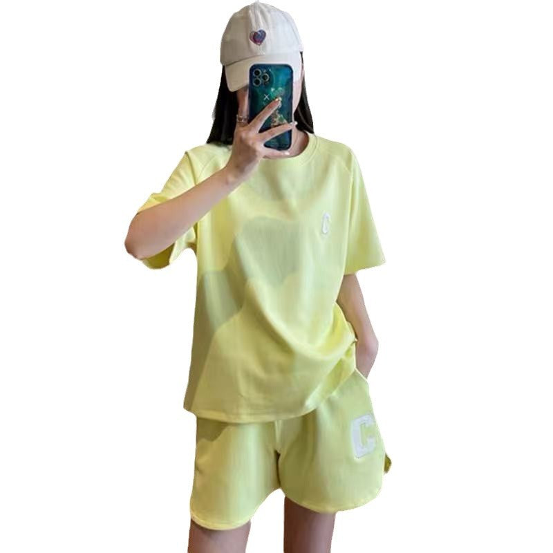 Horn sleeves casual sports suit women's clothing summer thin summer clothing running fashion foreign style short-sleeved shorts two-piece set