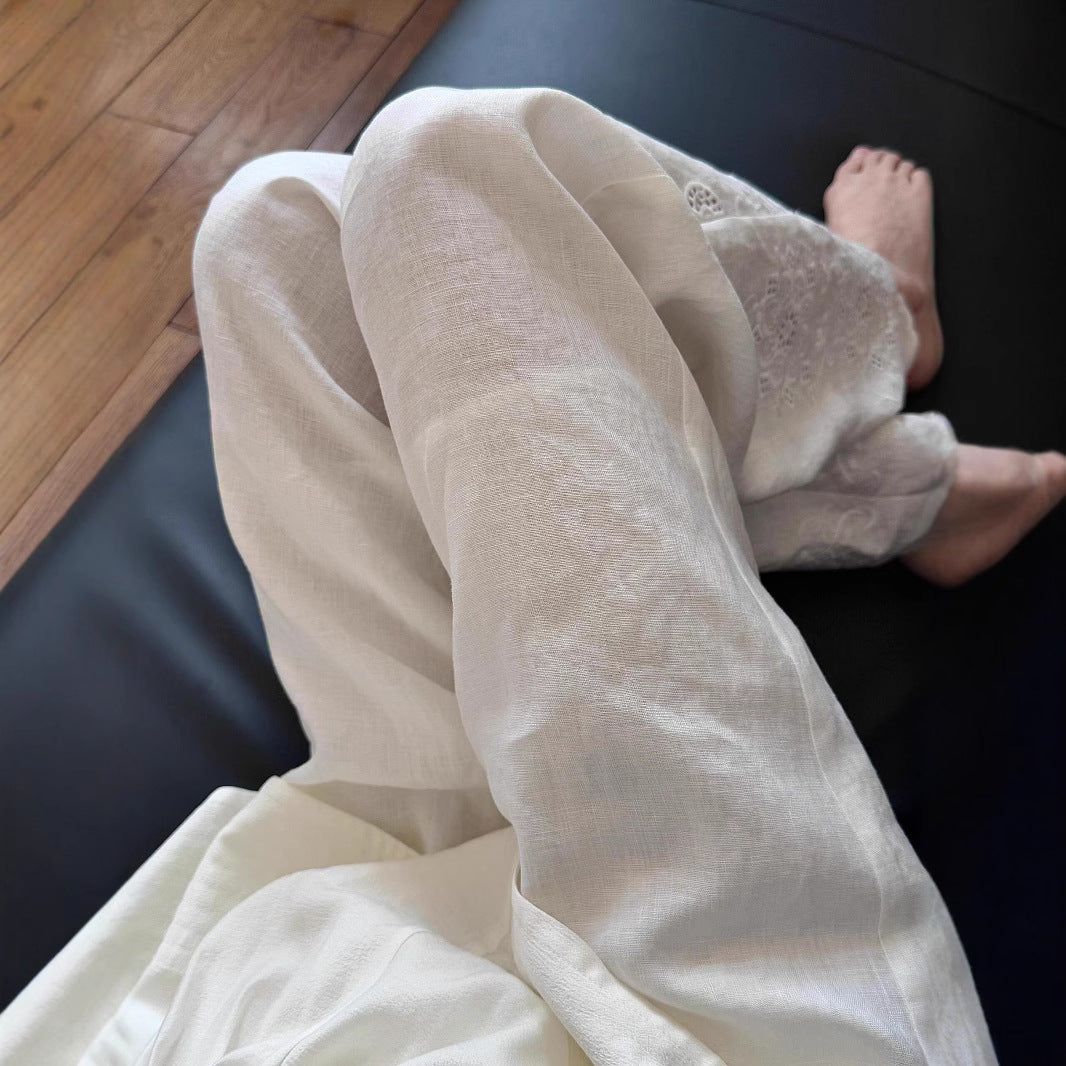 Lazy wind white hollow embroidered linen wide-leg pants women's 2025 new design versatile and thin cotton and linen pants