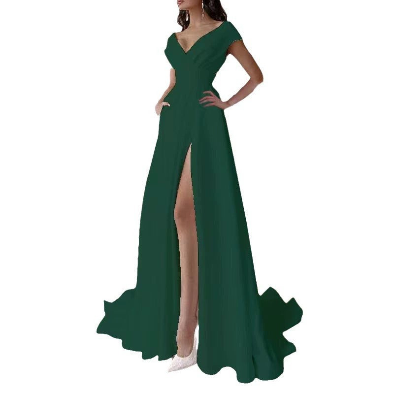 2025 spring and summer cross-border chest wrap V-neck ruffle edge mid-waist solid color temperament commuter dress evening dress