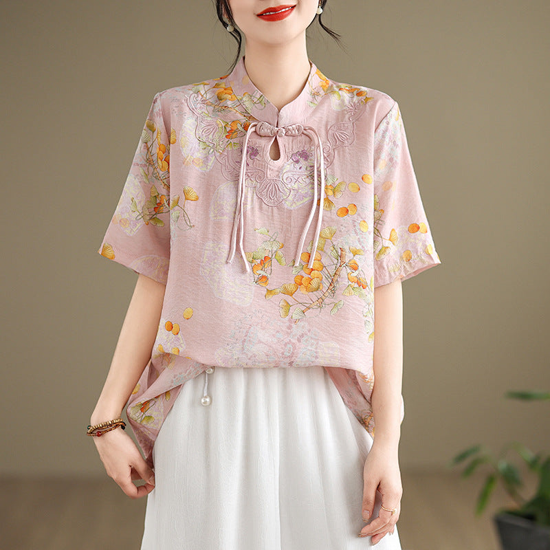 Real shot 2024 summer new national style literary and retro stand-up collar buckle tea clothes shirt top women