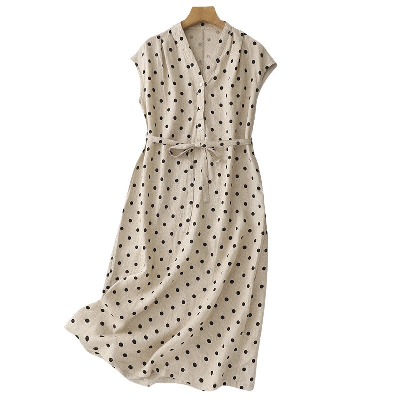 Japan and South Korea 2025 summer new literary loose casual polka dot cotton and linen dress women