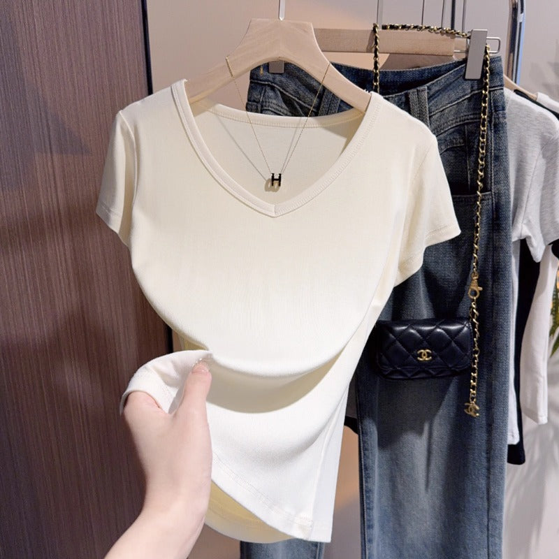 Grey v-neck t-shirt women's short-sleeved front shoulder thin summer high-end bottoming shirt slim-fitting temperament Korean outerwear top