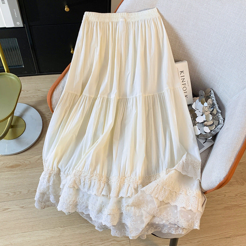 Real shot 2025 spring new retro mesh lace splicing medium and long skirt women's inner petticoat bottom dress