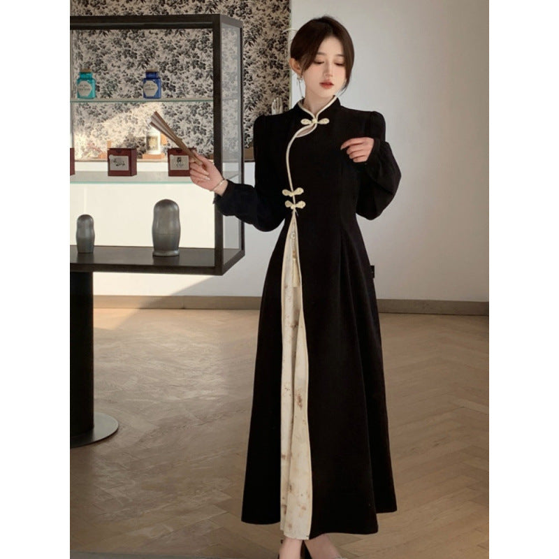 Spring and Autumn New Chinese Style Retro Improved Cheongsam Skirt Women's Large Size Fat Mm Skinny Long Sleeve High Waist Dress