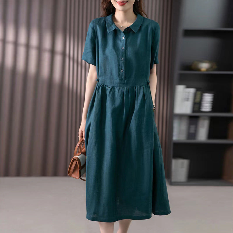 2024 summer new literary loose splicing solid color cotton and linen lapel short-sleeved dress women's medium and long #6536