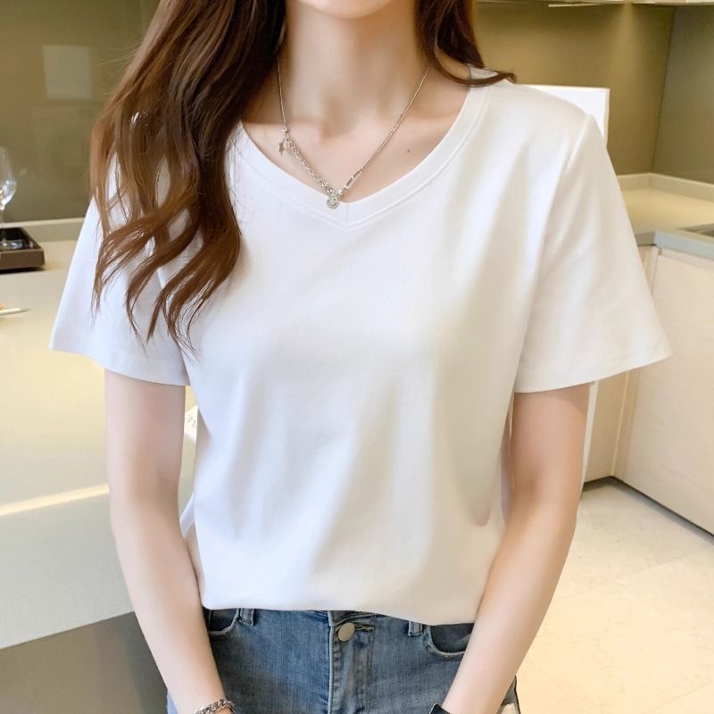White cotton T-shirt women's short sleeve loose Korean version student large size fashion simple round neck versatile half sleeve base summer