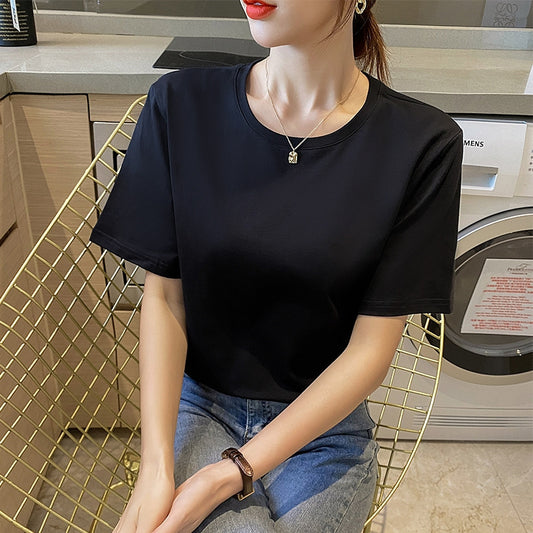 [LOGO Customization] Pure cotton loose T-shirt women's short-sleeved meat-covering and thin half-sleeved top bottoming shirt is breathable and comfortable