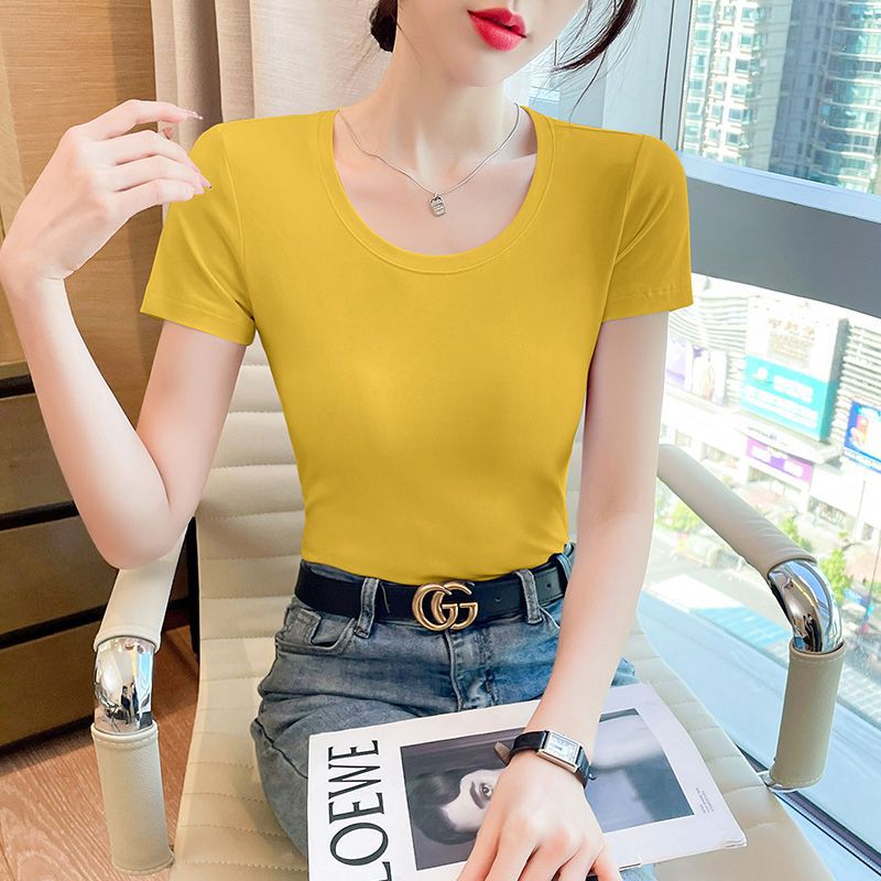 Lotus root pink short-sleeved t-shirt women's pure cotton shoulder this year popular women's clothing summer ootd wear thin versatile top